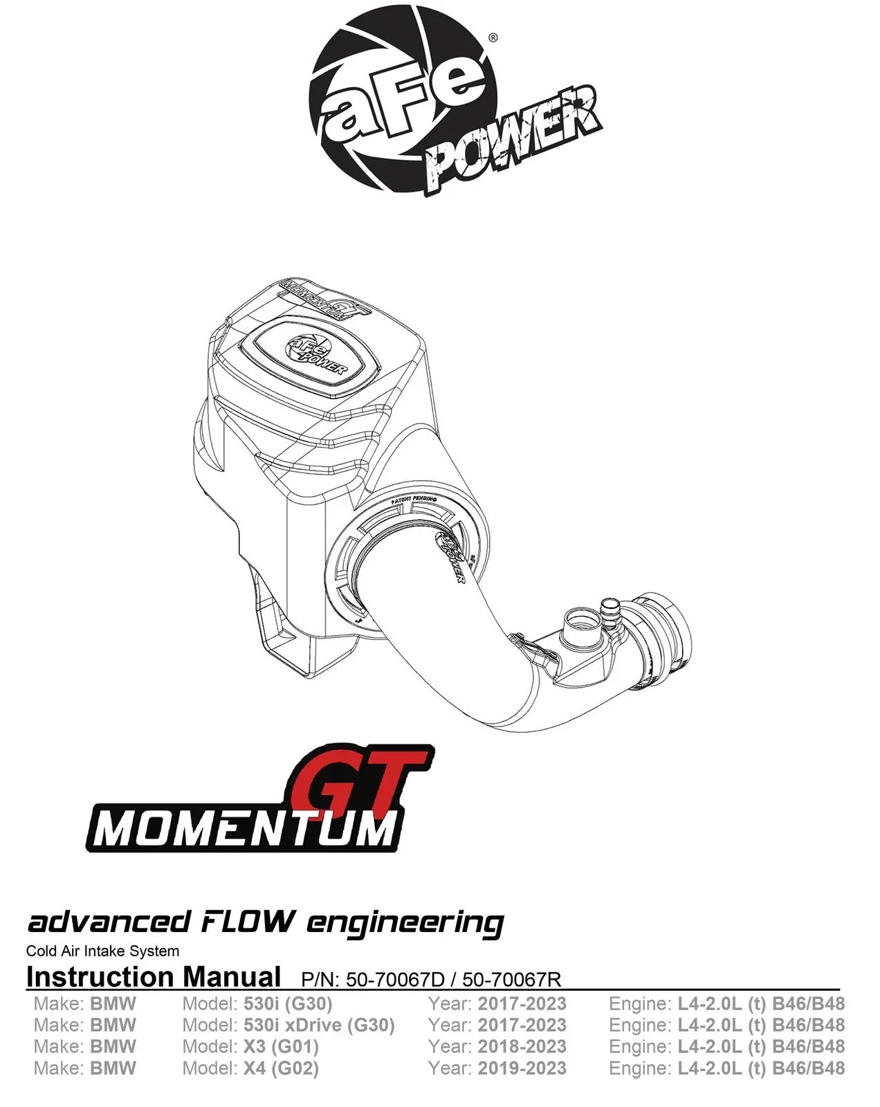 aFe Momentum GT Cold Air Intake System w/Pro Dry S Filter 17-21 BMW 530 L4-2.0L