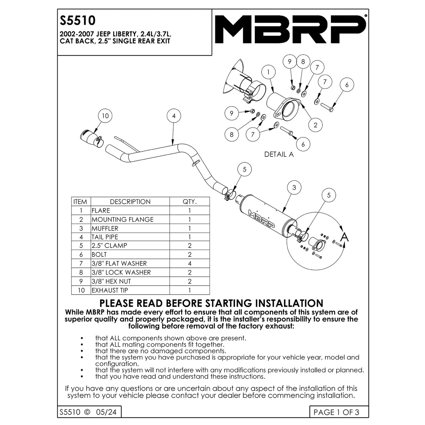 MBRP 2002-2007 Jeep Liberty Cat Back Single
