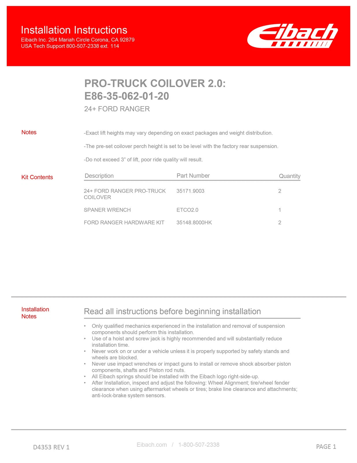 Eibach 24-25 Ford Ranger 2.3L EcoBoost 2WD Pro-Truck Lift Kit - Stage 2R
