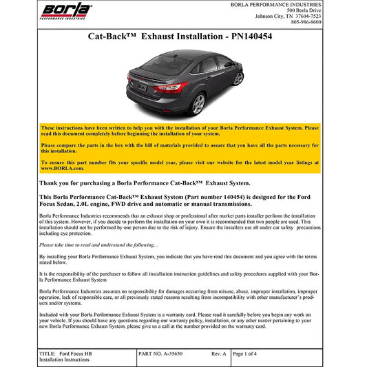 Borla 12-15 Ford Focus Titanium/SEL/SE/S Sedan 4dr 2.0L 4cyl AT Dual Clutch 6spd/MT 5spd SS Catback