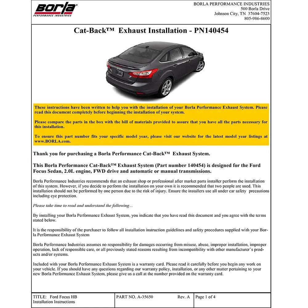 Borla 12-15 Ford Focus Titanium/SEL/SE/S Sedan 4dr 2.0L 4cyl AT Dual Clutch 6spd/MT 5spd SS Catback