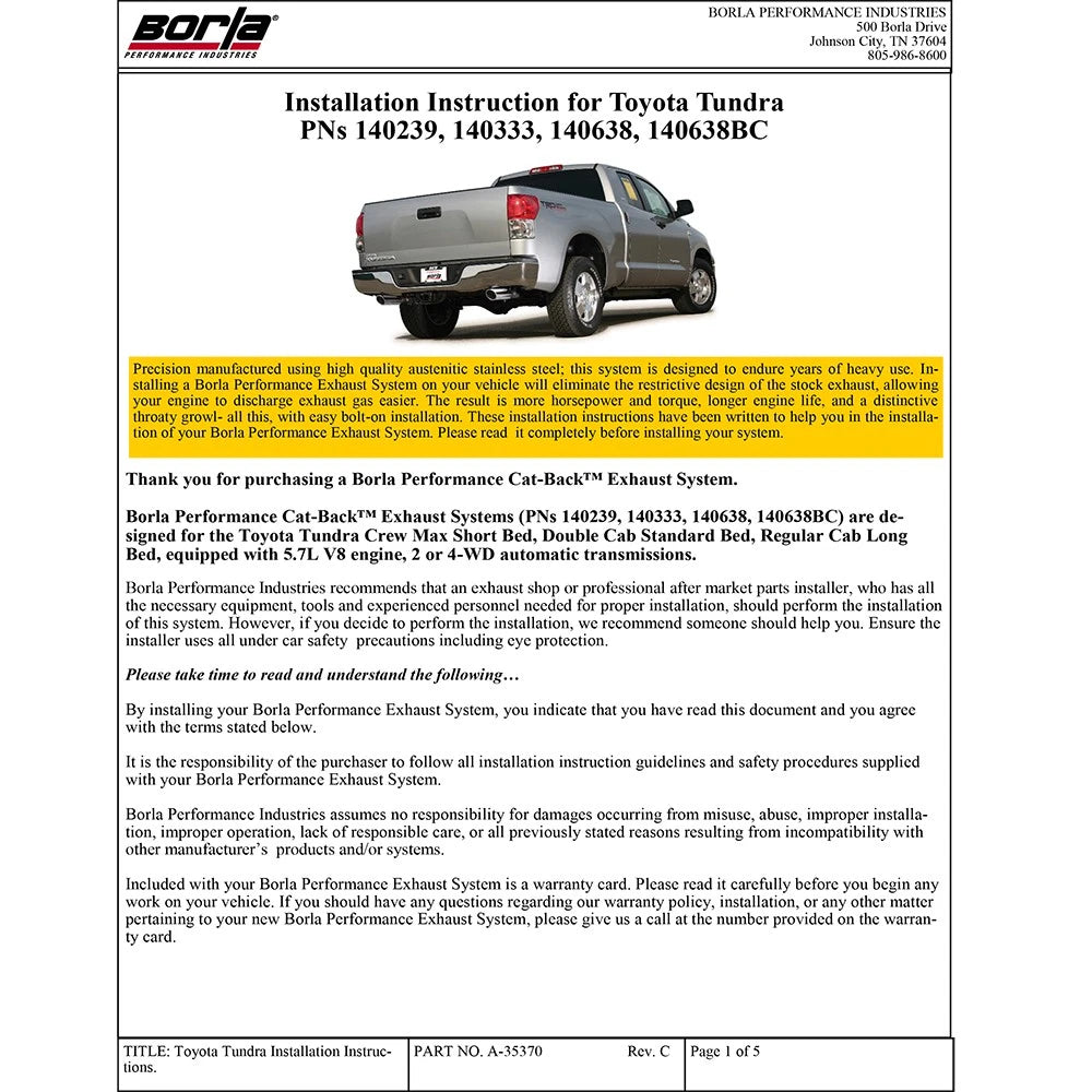 Borla 09-13 Toyota Tundra SS Catback Exhaust
