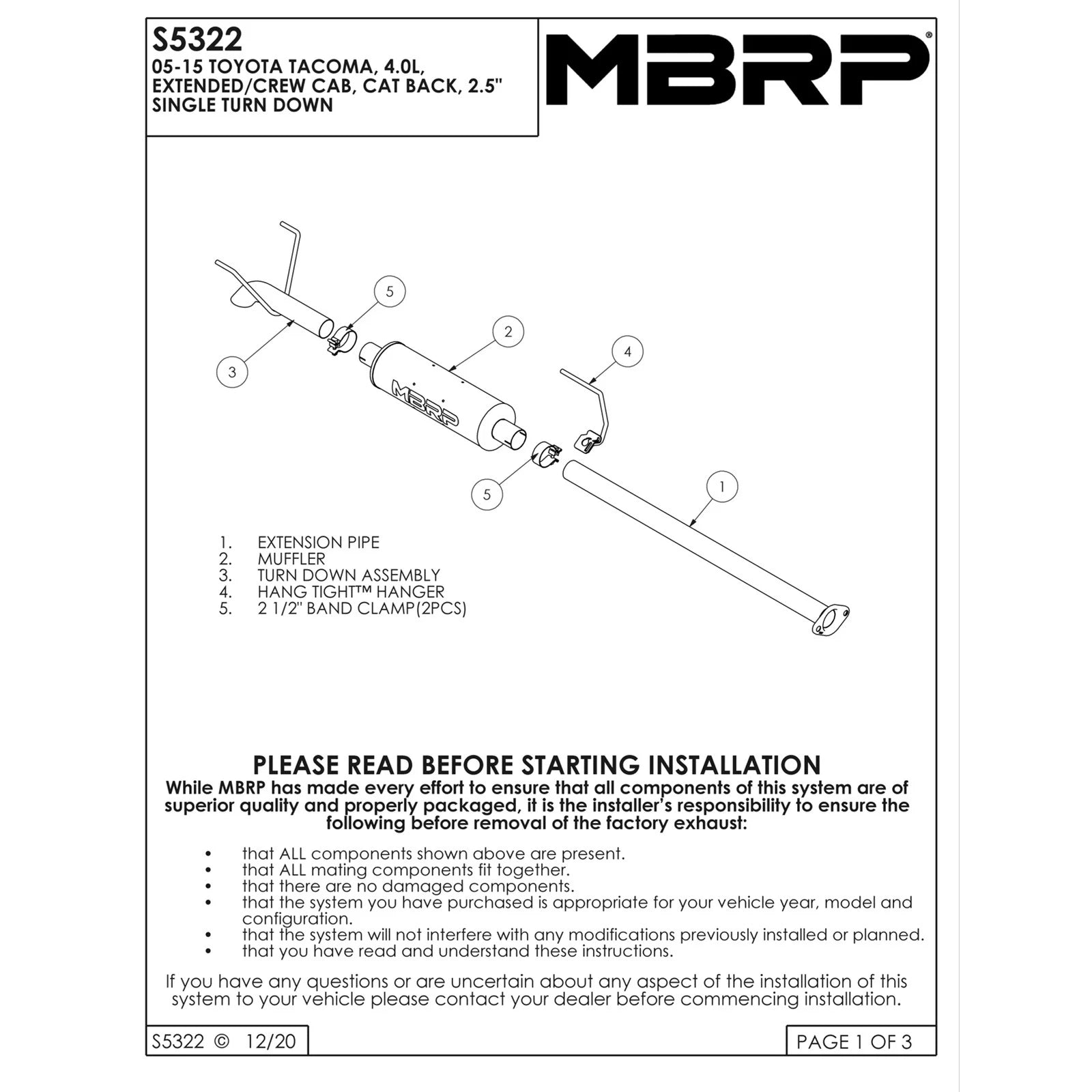 MBRP 05-11 Toyota Tacoma 4.0L EC/CC-SB Cat Back Turn Down Single Side T409 Exhaust