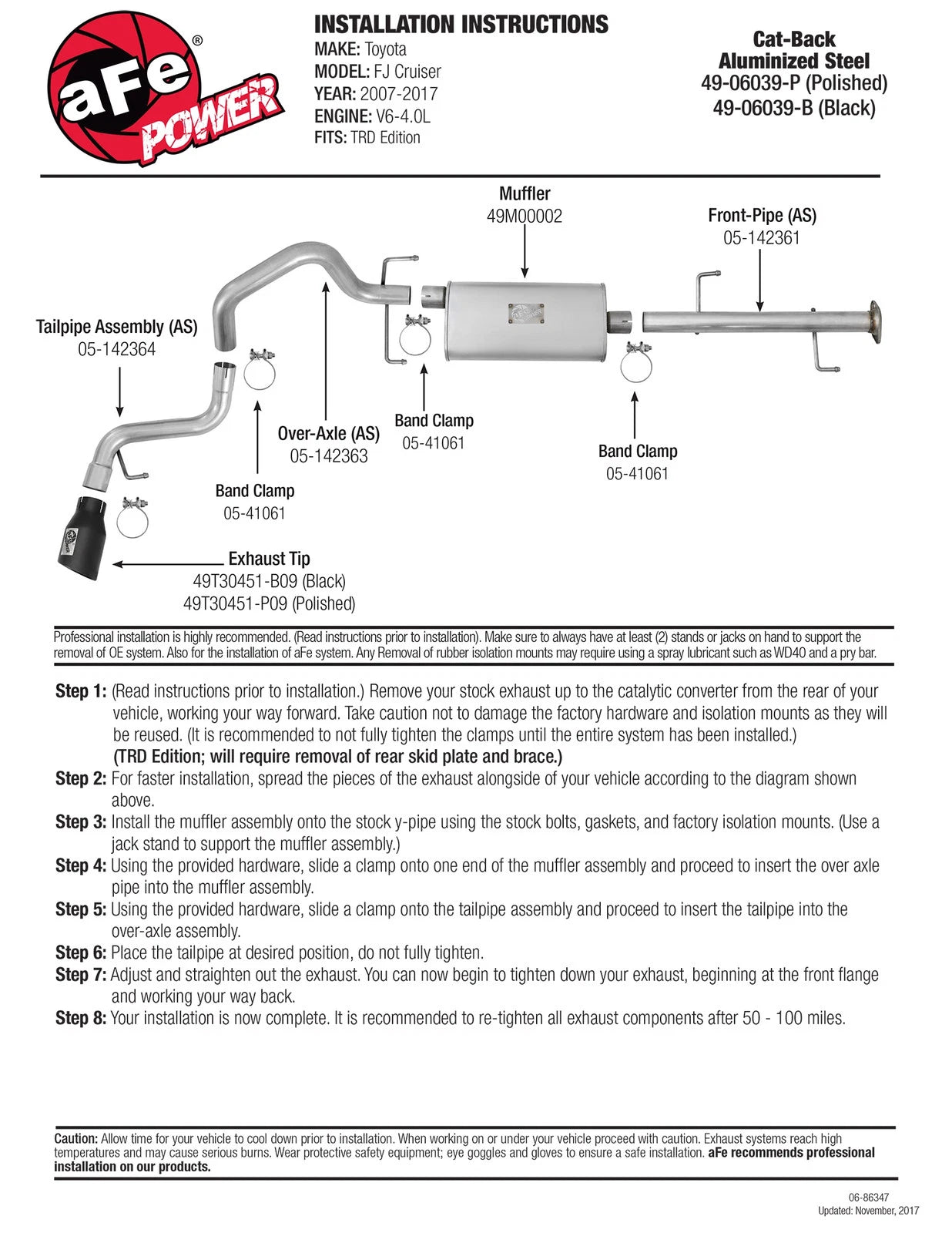 aFe Scorpion 2-1/2in Alum Steel Cat-Back Exhaust w/ Polished Tips 07-17 Toyota FJ Cruiser V6 4.0L