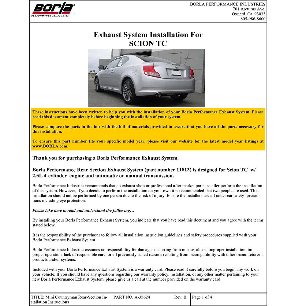 Borla 11-15 Scion tC Coupe 2dr 2.5L 4cyl SS Exhaust (rear section only)