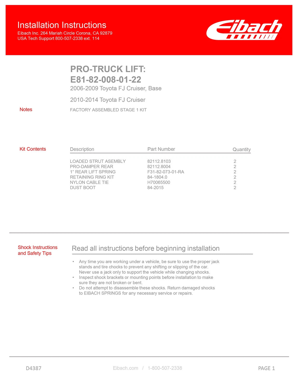 Eibach 10-14 Toyota FJ Cruiser Pro-Truck Stage 1 Plus Kit