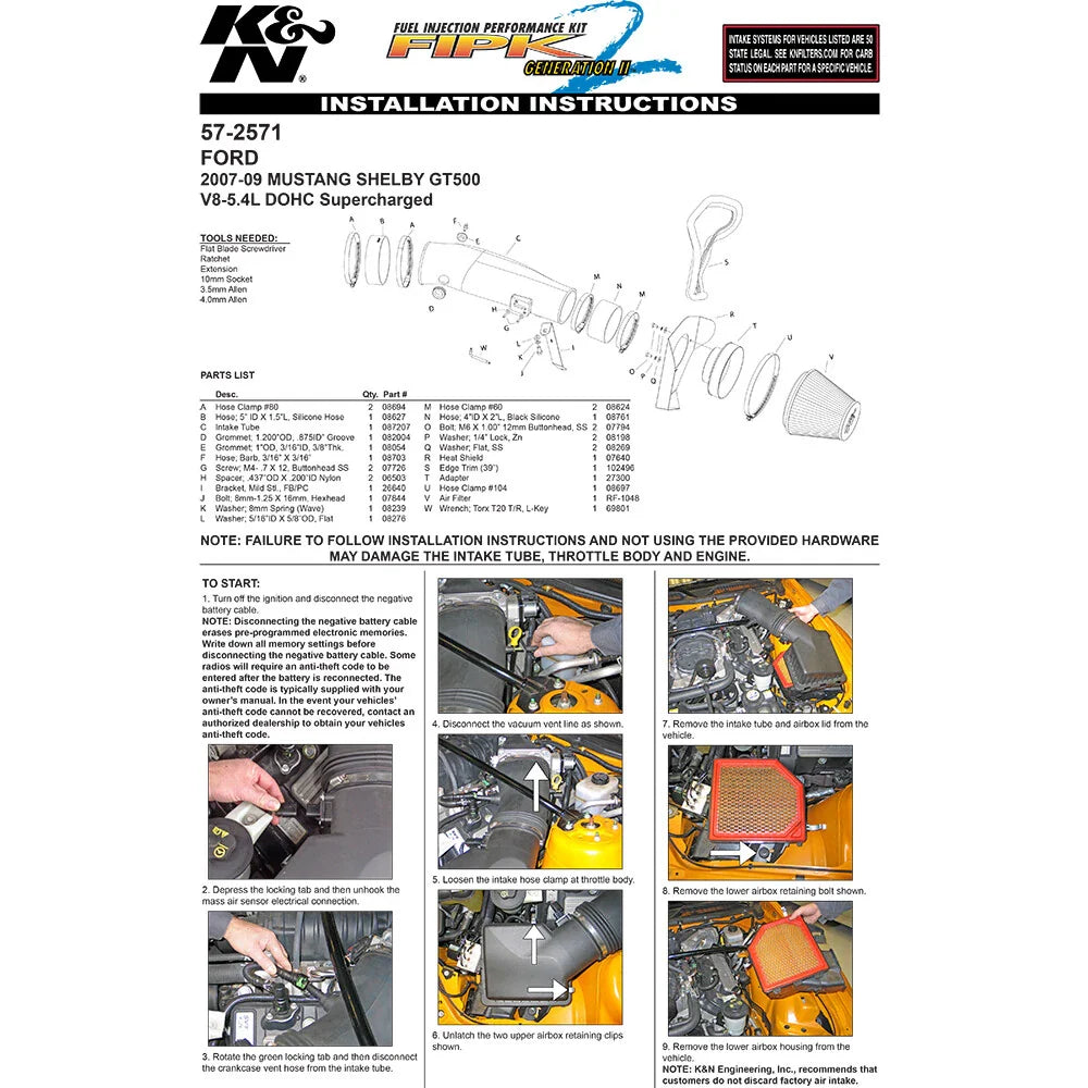 K&N 07-09 Mustang Shelby V8-5.4L Performance Intake Kit