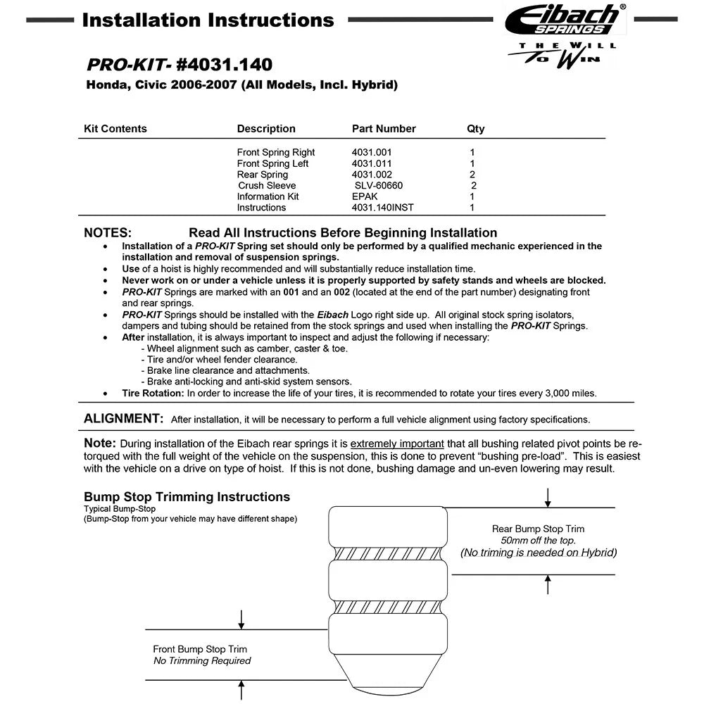 Eibach Pro-Kit for 06-07 Honda Civic 4 Cyl Inc Hybrid