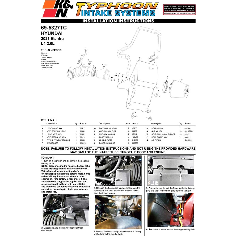 K&N 2021+ Hyundai Elantra L4-2.0L F/I Typhoon Performance Air Intake System