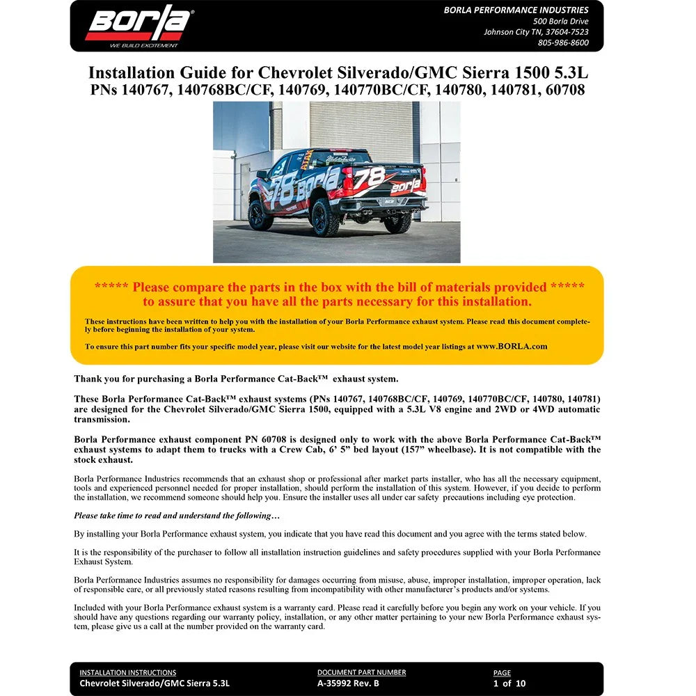 Borla 2019 Chevy Silverado 1500 5.3L V8 CC SB 147.4in WB Touring Cat-Back (Use Fact Fascia Tips)