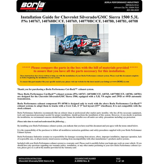 Borla 2019 Chevy Silverado 1500 5.3L V8 CC SB 147.4in WB Touring Cat-Back (Use Fact Fascia Tips)