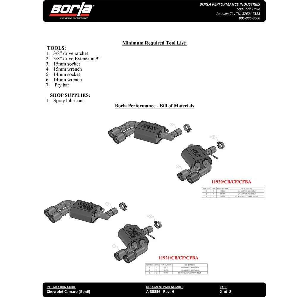 Borla 16 Chevy Camaro SS 6.2L w/ Dual NPP Atak Quad RD RL Tips Dual Exit Rear Section Exhaust