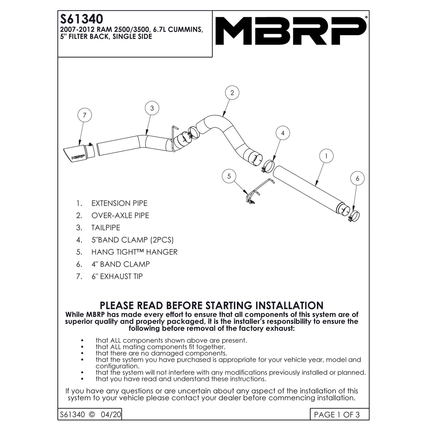 MBRP 10-12 Dodge 2500/3500 Cummins 6.7L 5in Filter Back Single Side Alum Exhaust System