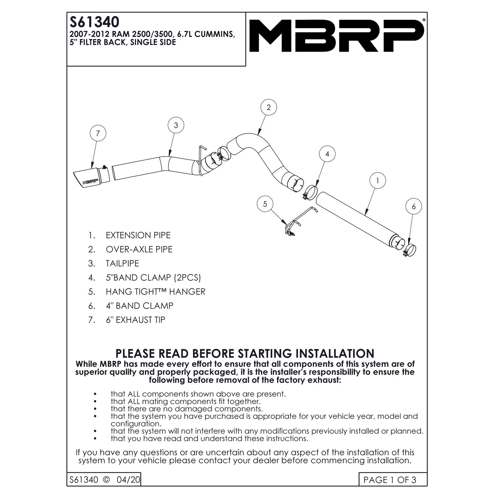 MBRP 10-12 Dodge 2500/3500 Cummins 6.7L 5in Filter Back Single Side Alum Exhaust System