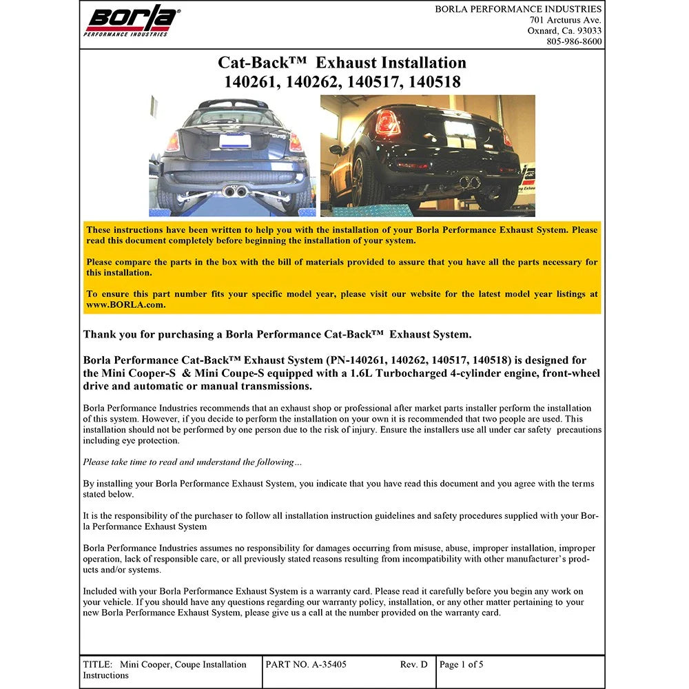 Borla 07-14 Mini Cooper S / Coupe S 1.6L Turbo FWD AT/MT Catback Exhaust