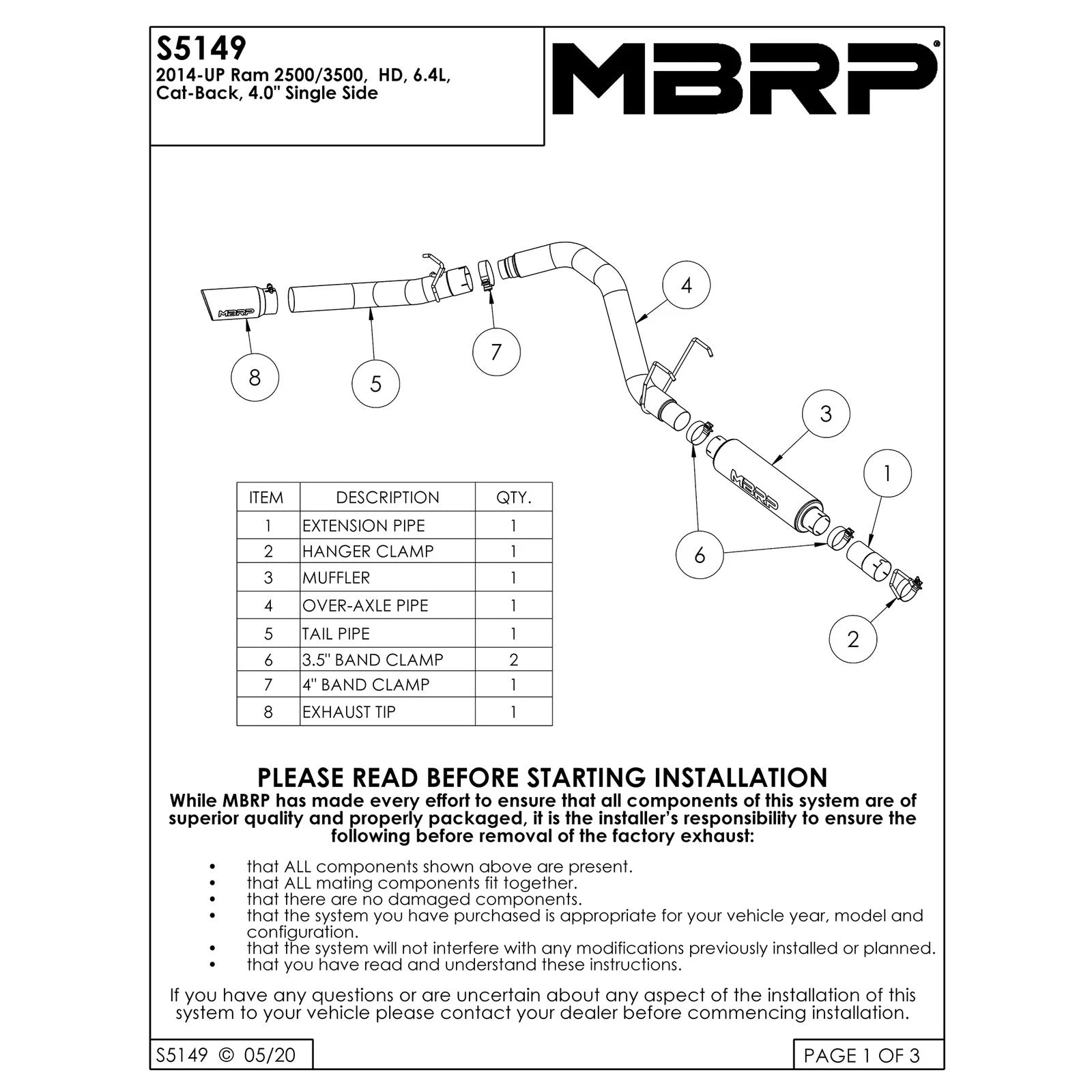 MBRP 2014+ Ram 2500/3500 6.4L Hemi Cat Back Single Side Exit Pro Series - T304