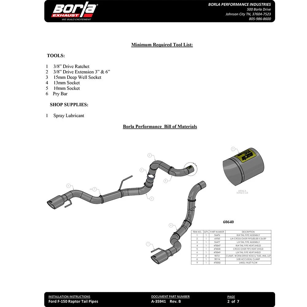 Borla 2017 Ford Raptor 3.5L AT RWD CC Short Bed/EC Standard Bed 3in Tailpipe Assembly w/ CF Tips