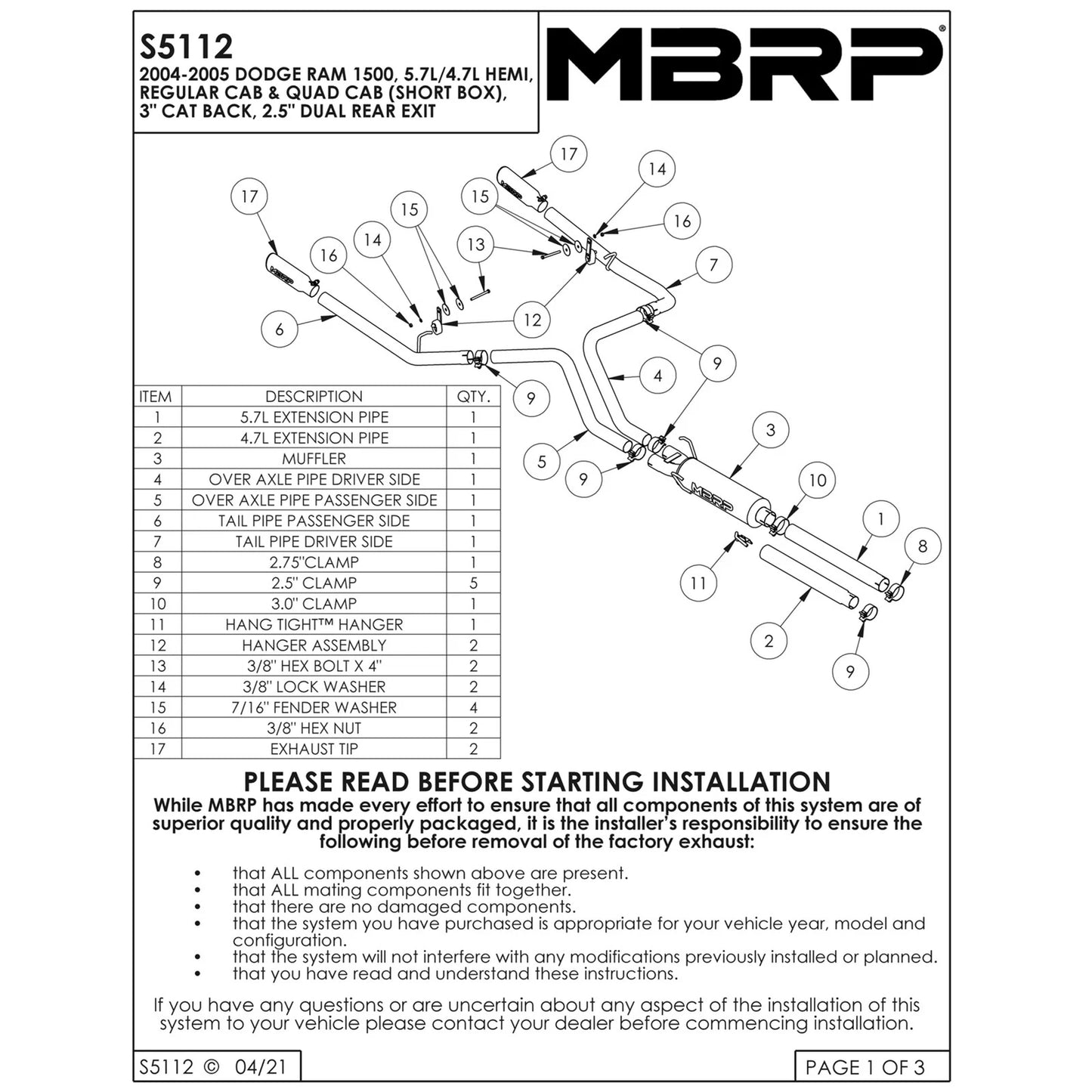 MBRP 2004-2005 Dodge Ram Hemi 1500 5.7L SC/CC-SB Cat Back Dual Split Rear