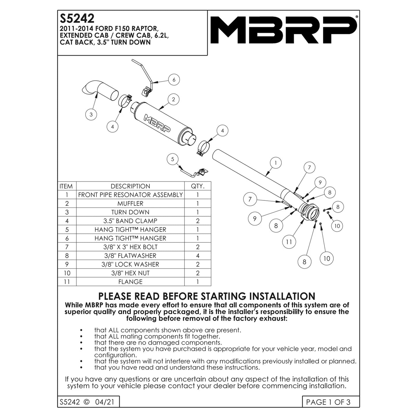 MBRP 11-12 Ford F-150 SVT Raptor 6.2L EC-SB/CC-SB 3.5in Cat Back Single Turn Down Alum Exhaust