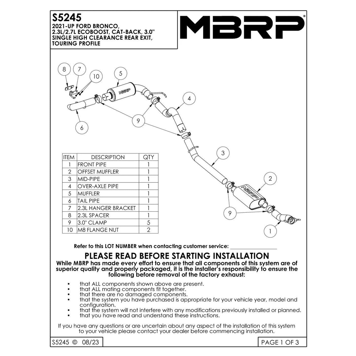 MBRP 2021-2023 Ford Bronco 2.3L/2.7L Stainless Steel 3in Cat-Back, Single High Clearance Rear Exit