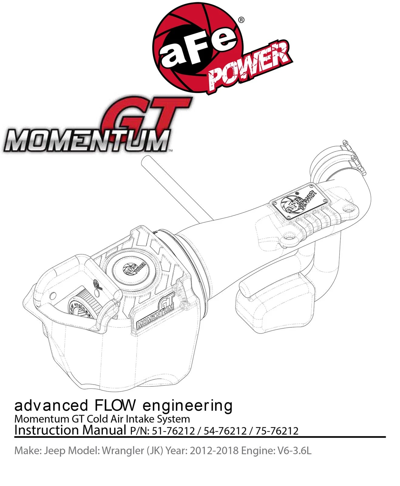 aFe Momentum GT Pro GUARD 7 Cold Air Intake System 12-18 Jeep Wrangler JK V6 3.6L