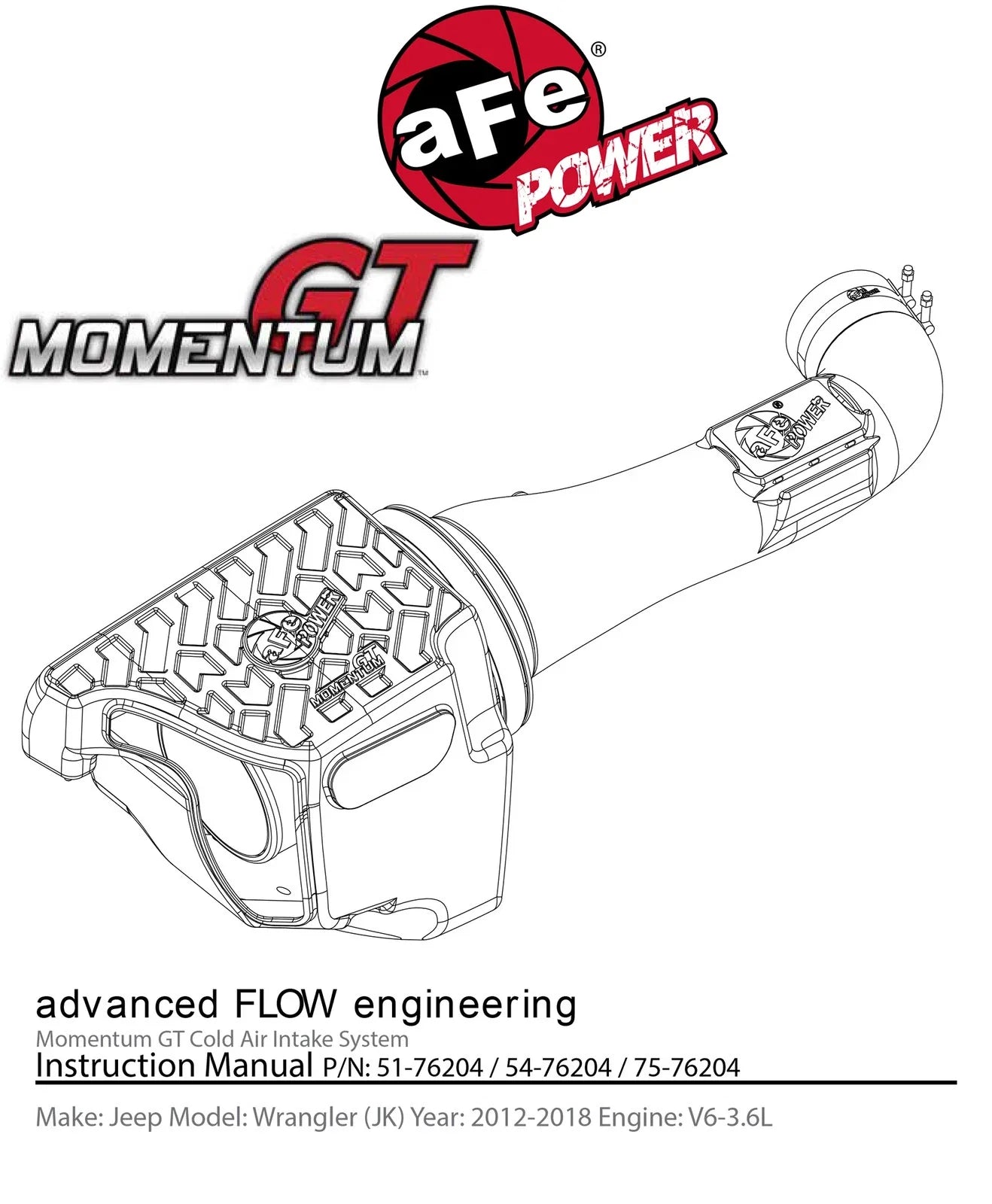 aFe Momentum GT PRO GUARD7 Cold Air Intake System 12-18 Jeep Wrangler (JK) V6 3.6L