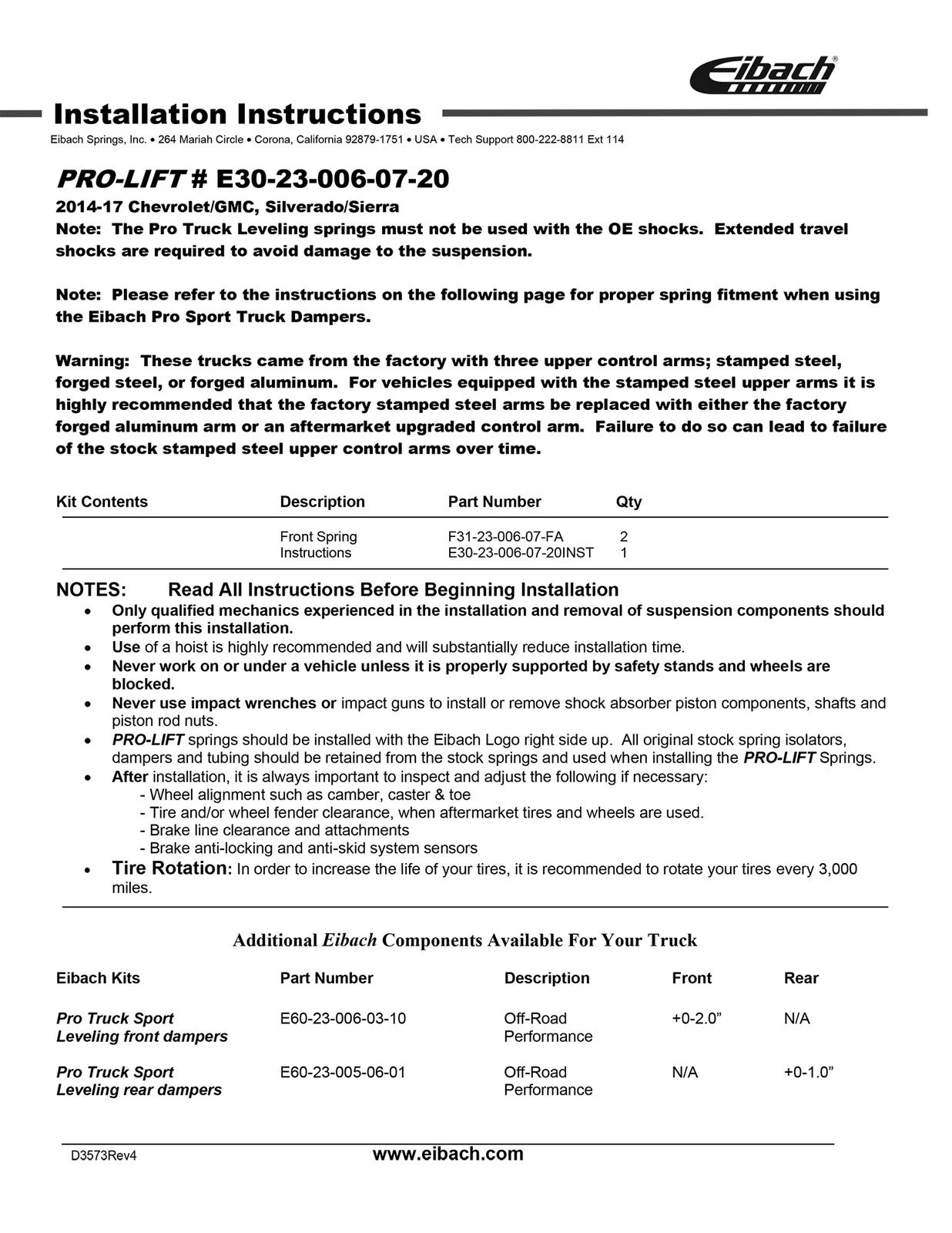Eibach Pro-Truck Lift Kit for 14-17 Chevrolet Silverado 1500 (Must Be Used w/Pro-Truck Front Shocks)