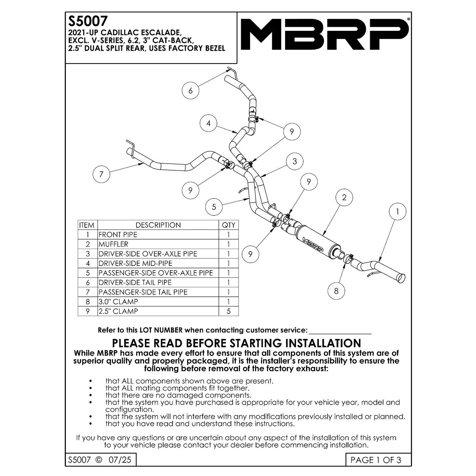 MBRP 21-25 Cadillac Escalade 6.2L (Excl V-Series) T304 2.5in Dual Split Rear 3in Cat Back Exhaust