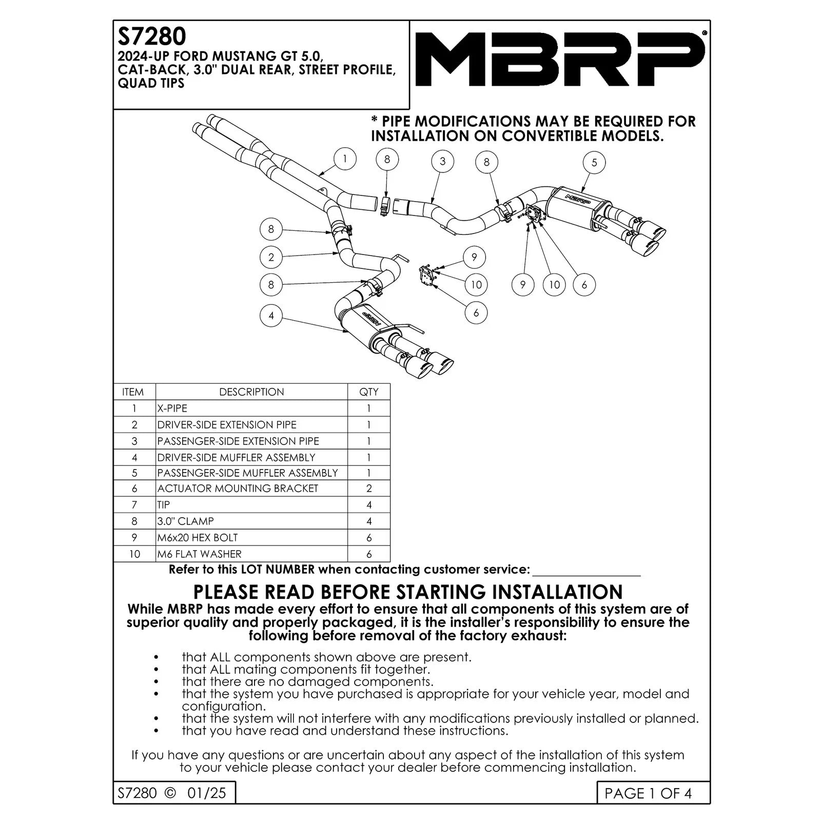 MBRP 2024+ Ford Mustang GT Armor Pro 3in Steet Profile Catback Exhaust - Stainless Steel Tips
