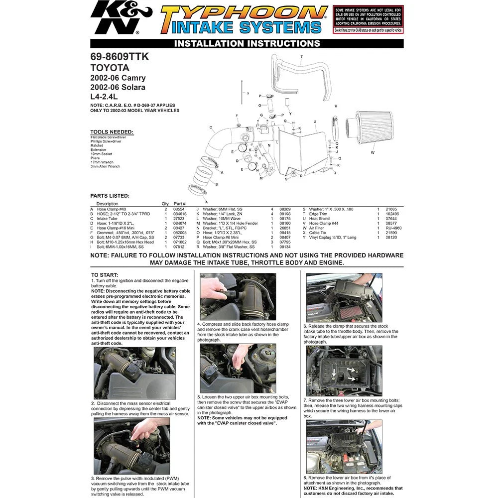 K&N Performance Intake Kit TYPHOON; TOYOTA CAMRY, L4-2.4; 2002-2006