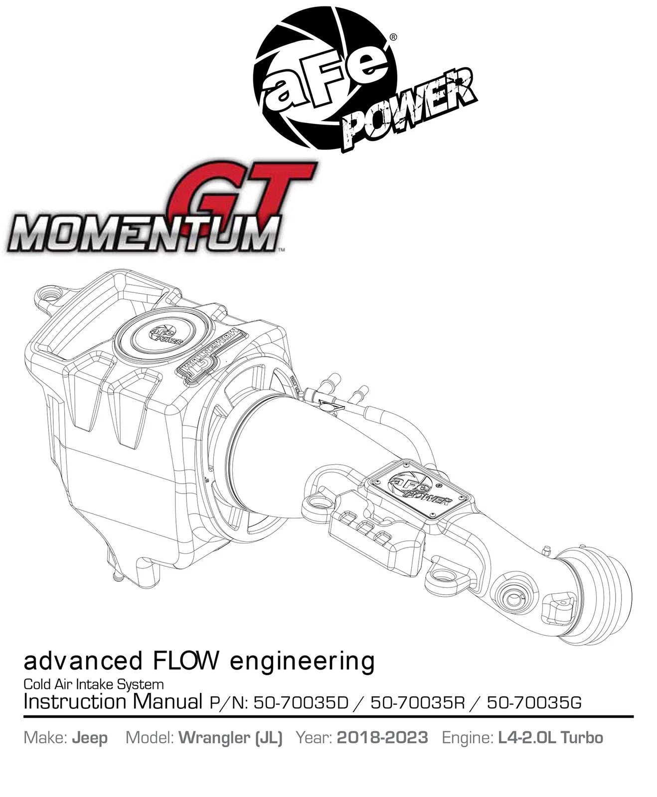 aFe Momentum GT Pro DRY S Cold Air Intake System 2018 Jeep Wrangler (JL) I4-2.0L (t)