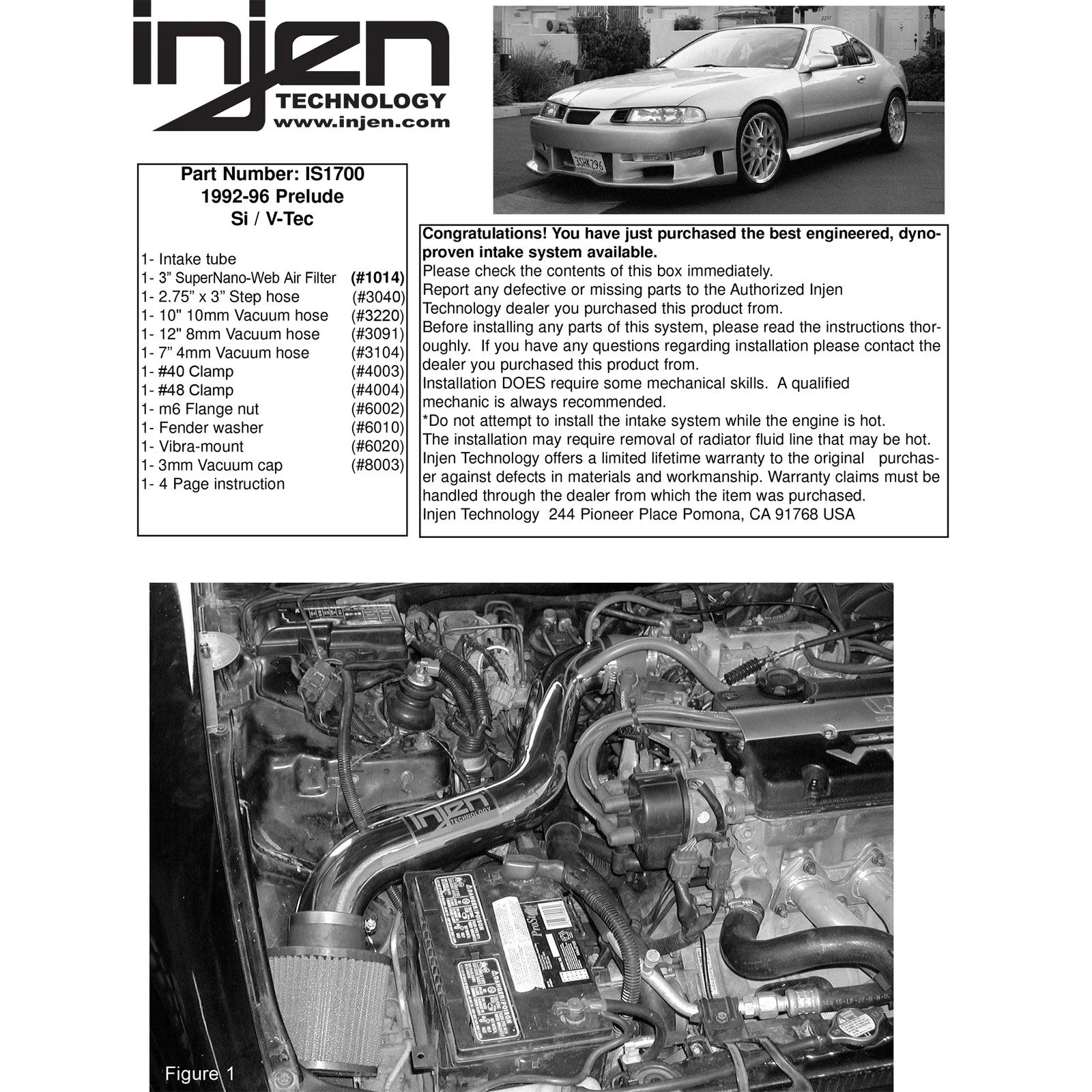 Injen 92-96 Honda Prelude/Prelude SI VTEC L4 2.2L/2.3L Black IS Short Ram Cold Air Intake