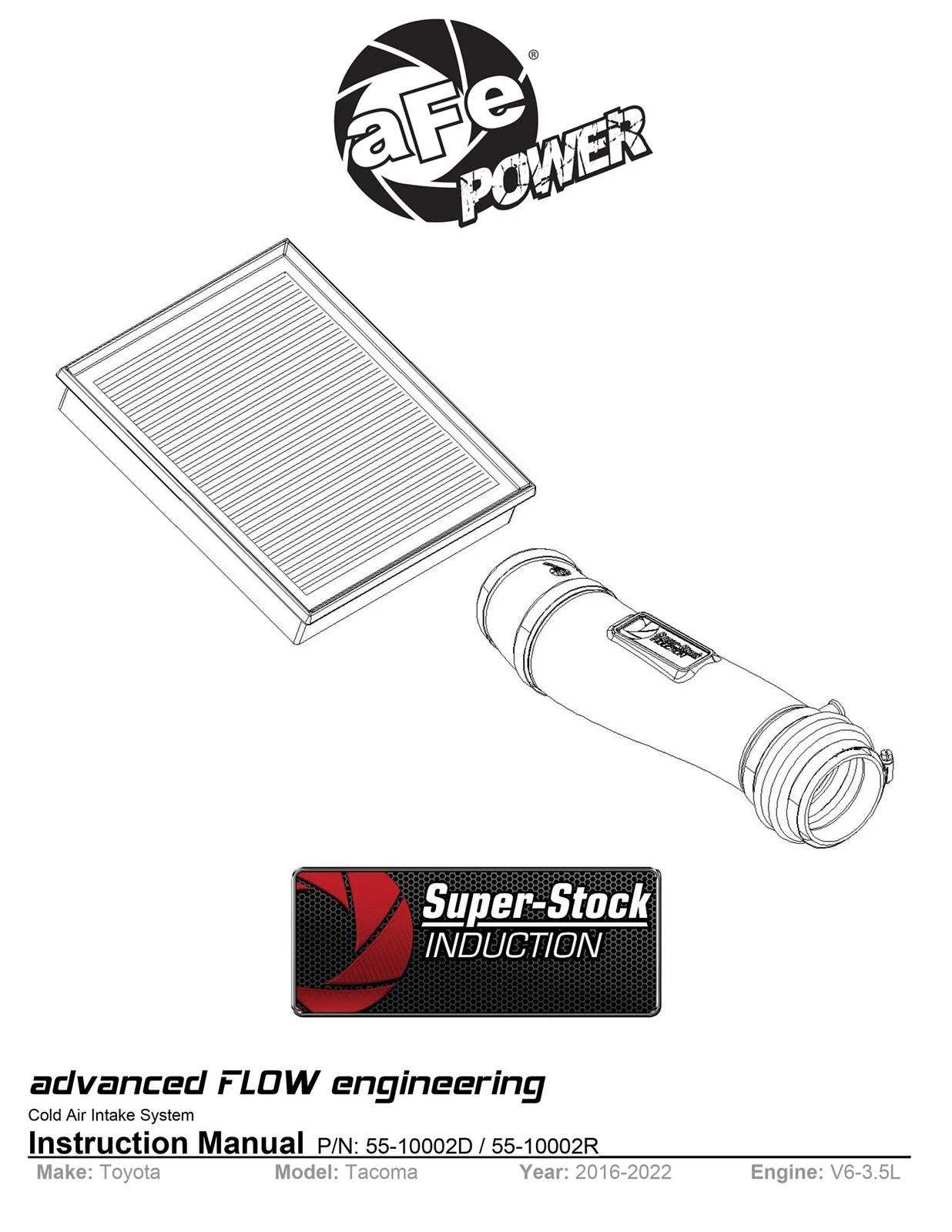 aFe Super Stock Induction System Pro Dry S Media 16-22 Toyota Tacoma V6 3.5L