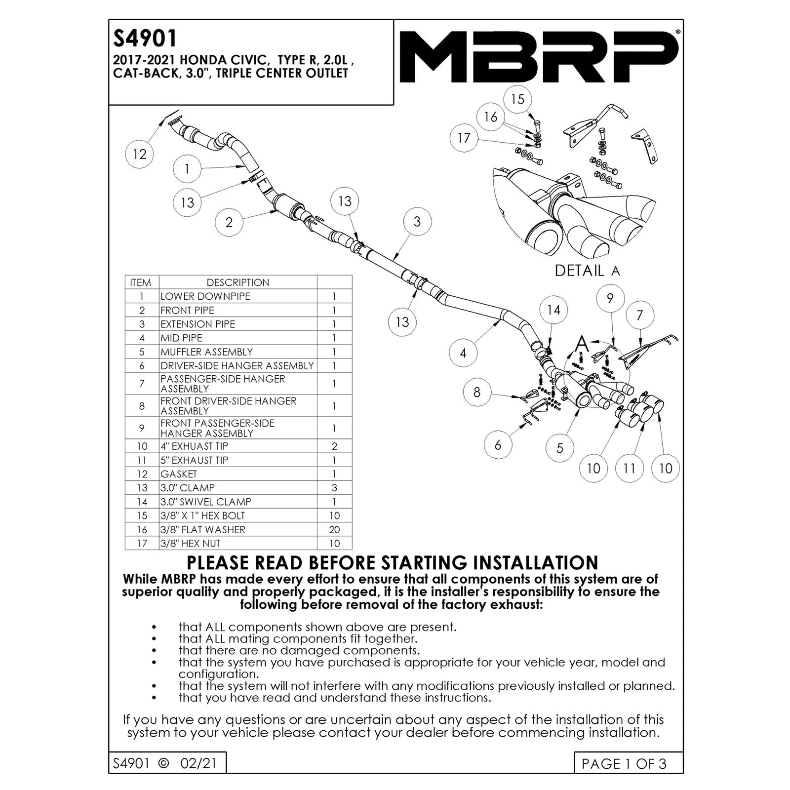 MBRP 17-22 Honda Civic Type R 2.0L T304 SS 3in Cat-Back w/Triple Center Outlet- Carbon Fiber Tips