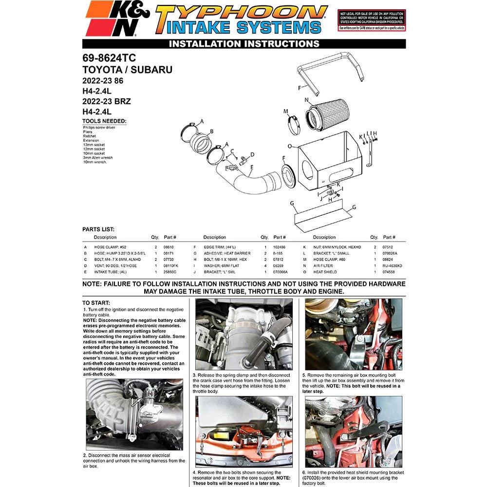 K&N 2022 Subaru BRZ 2.4L Typhoon Performance Air Intake System