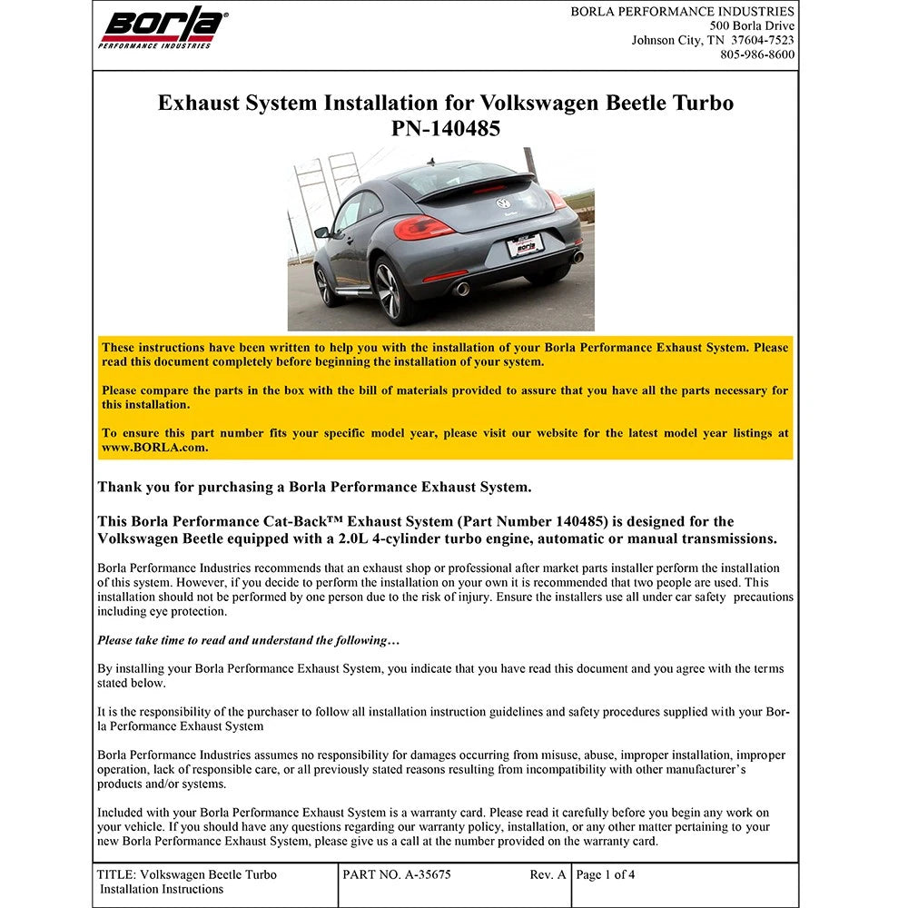 Borla 12-14 Volkswagen Bettle Turbo Hatchback 2.0L 4cyl SS Catback Exhaust