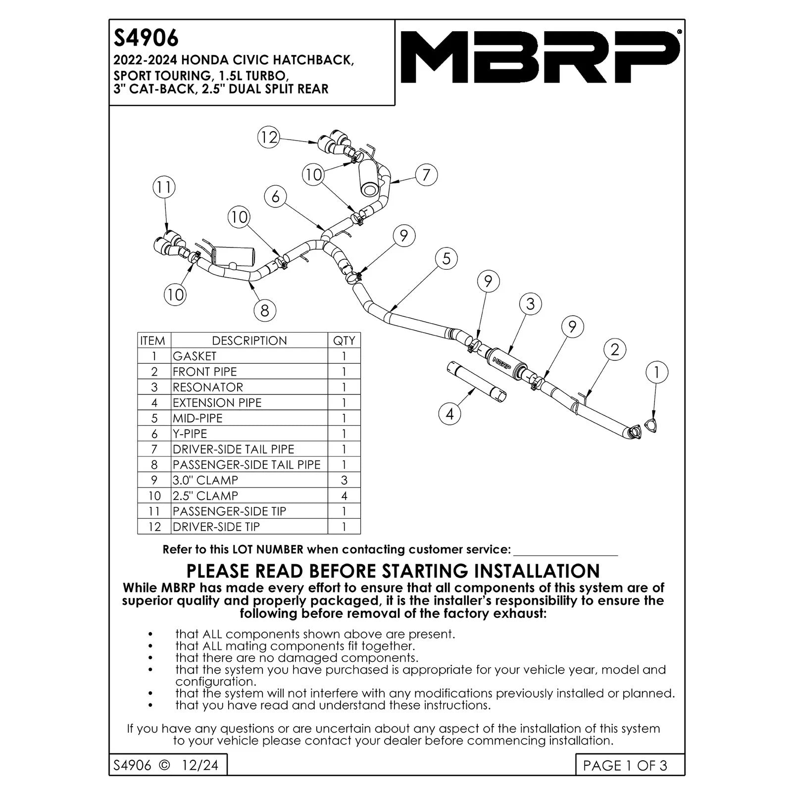 MBRP 22-24 Honda Civic/Sport Touring 1.5L 3in Cat-Back 2.5in Dual Split Rear w/ Quad Tips - AL