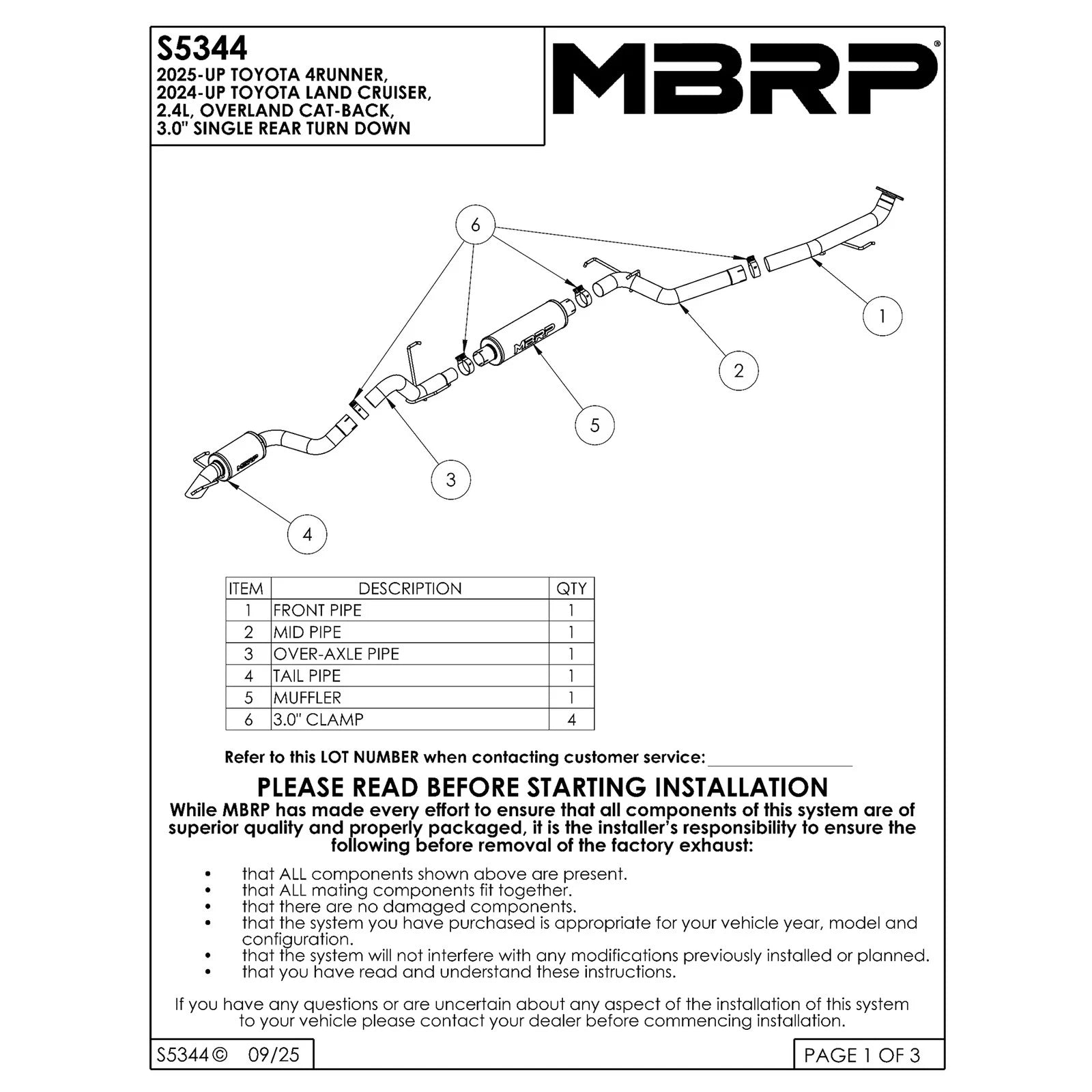 MBRP 24-26 Toyota Land Cruiser 2.4L 3in Cat-Back Single Rear High-Clearance Turn Down - T304