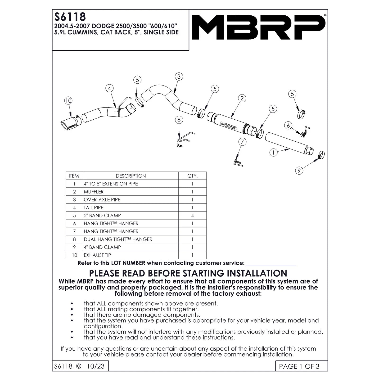 MBRP 2004-2007 Dodge 2500/3500 Cummins 600/610 5 Cat Back Single Side