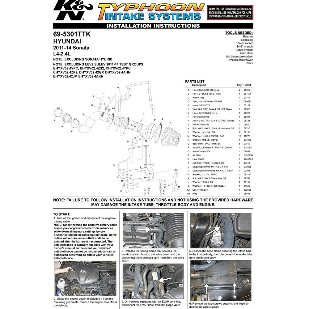 K&N 11-14 Hyundai Sonata 2.4L L4/13-15 Kia Optima 2.4L L4 Typhoon Short Ram Intake