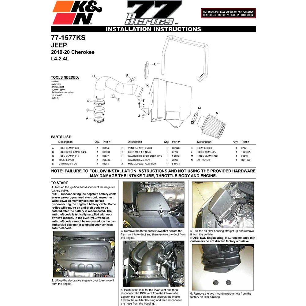 K&N 19-20 Jeep Cherokee L4-2.4L Performance Air Intake Kit