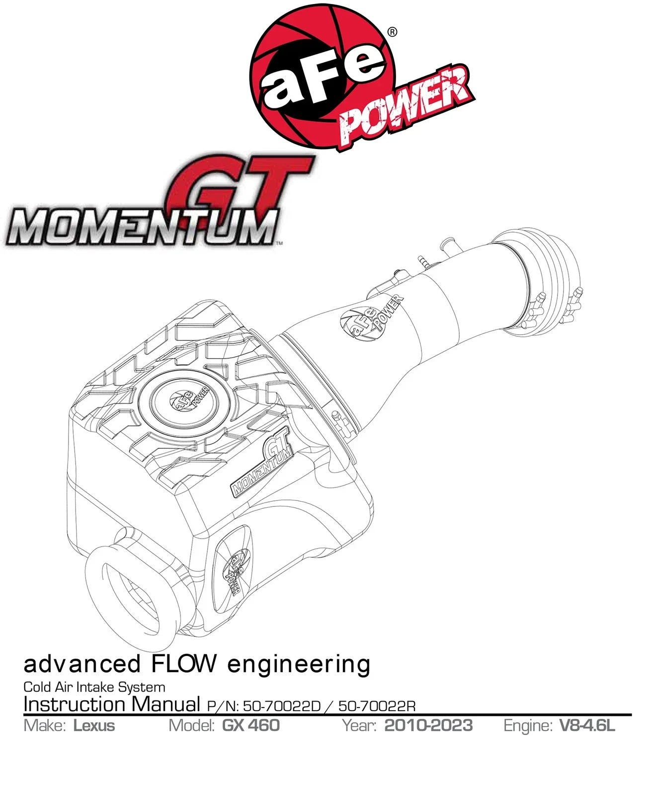 aFe Momentum GT Cold Air Intake Pro DRY S 10-18 Lexus GX 460 V8-4.6L