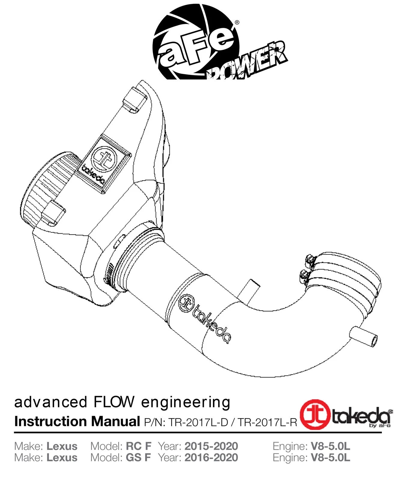 aFe Takeda Stage-2 Pro Dry S Cold Air Intake System 15-17 Lexus RC F 5.0L V8