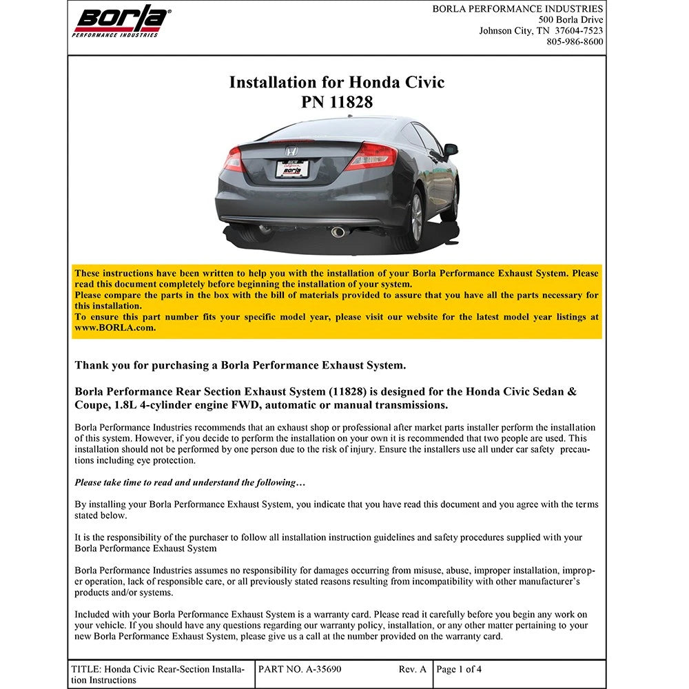 Borla 12-15 Honda Civic LX/HF/GX/EX-L/EX/DX 1.8L 4cyl FWD SS Exhaust (rear section only)