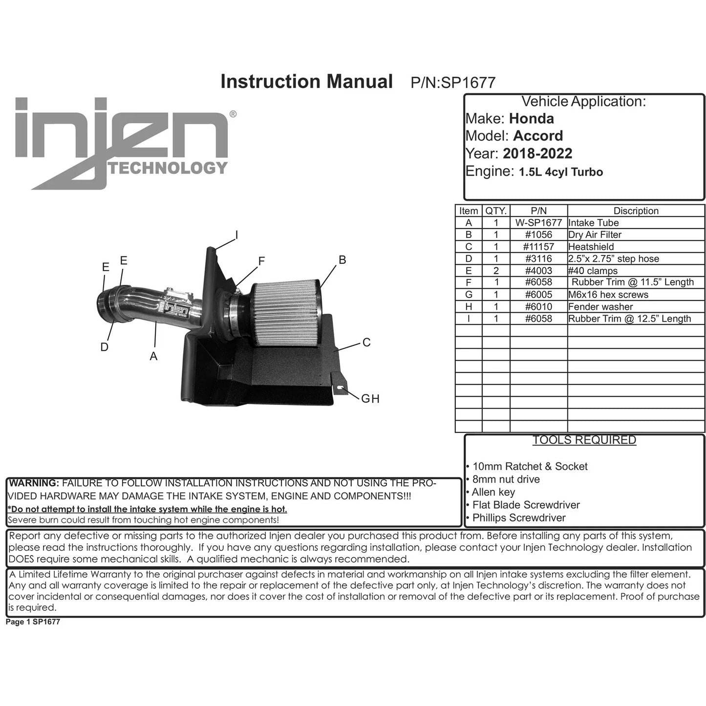 Injen 18-20 Honda Accord L4-1.5L Turbo SP Short Ram Intake System