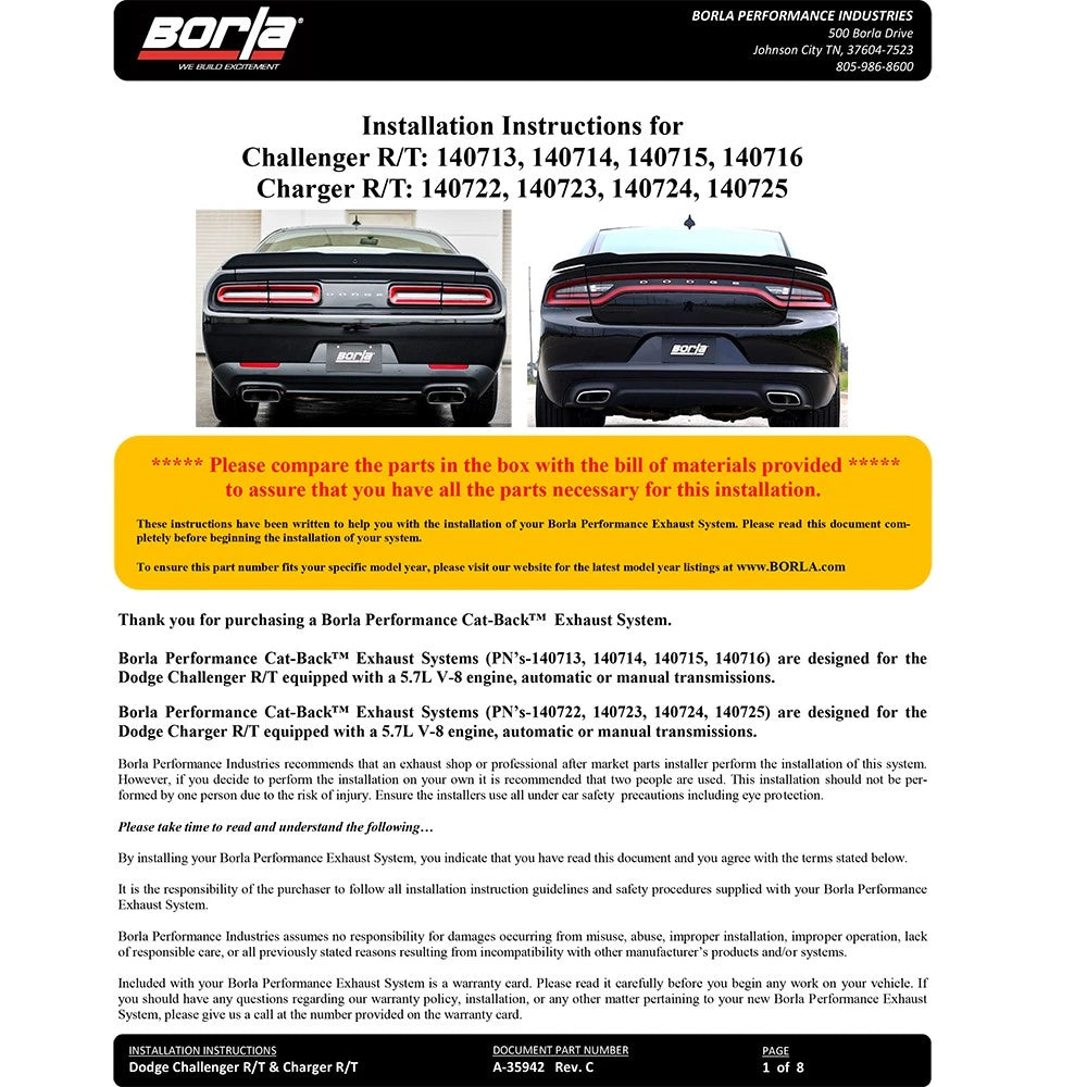 Borla 2017 Dodge Charger R/T 5.7L ATAK Catback Exhaust w/o Tips (w/MDS Valves ONLY)