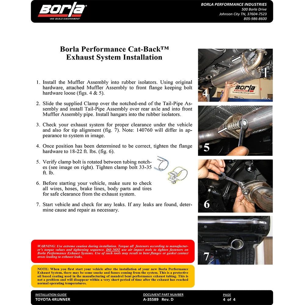 Borla 10-15 Toyota 4Runner Trail/SR5/Limited 4,0L 6cyl 4/5 Speed 4WD/AWD SS Catback Exhaust