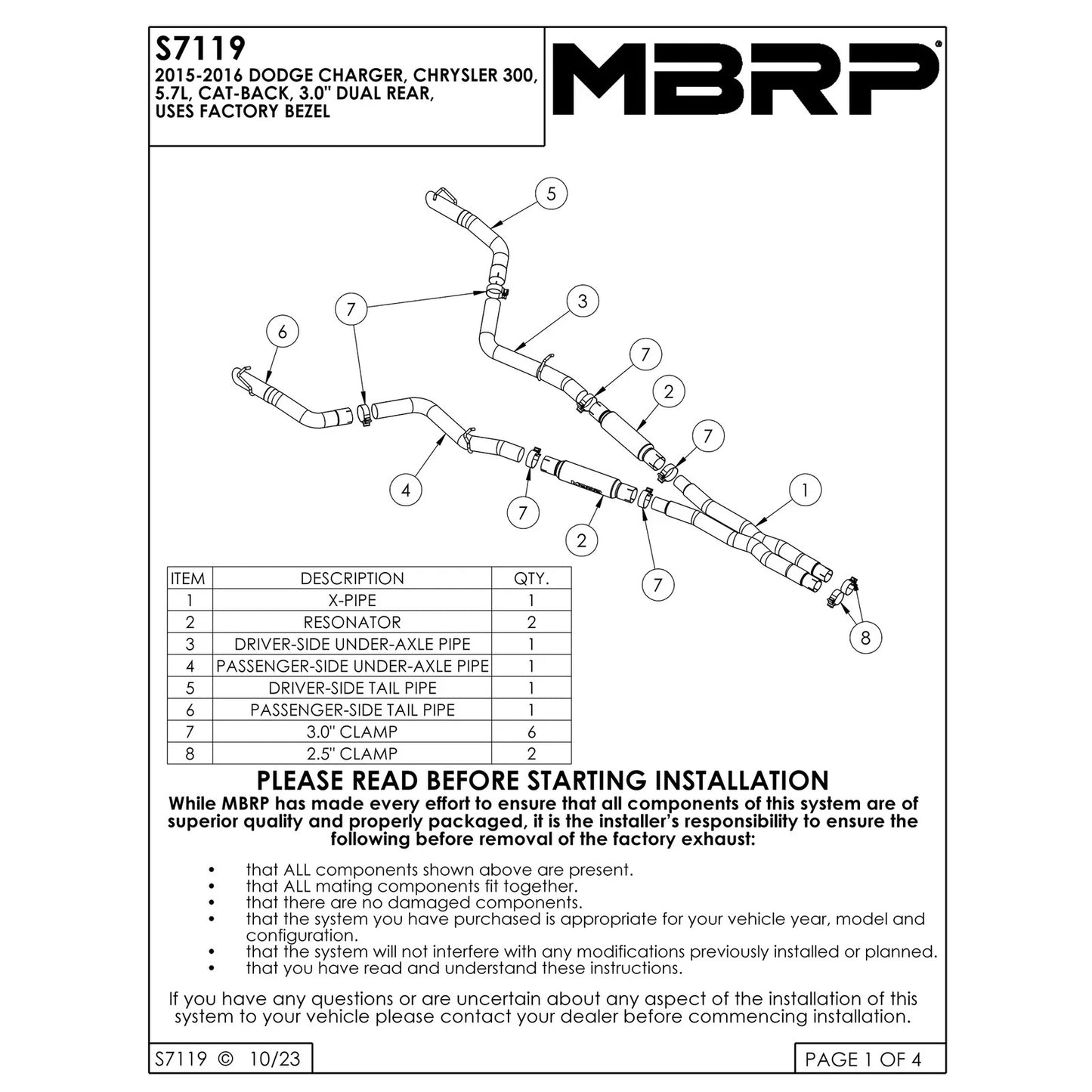 MBRP 15-16 Dodge Charger 5.7L Cat Back T304 Exhaust System