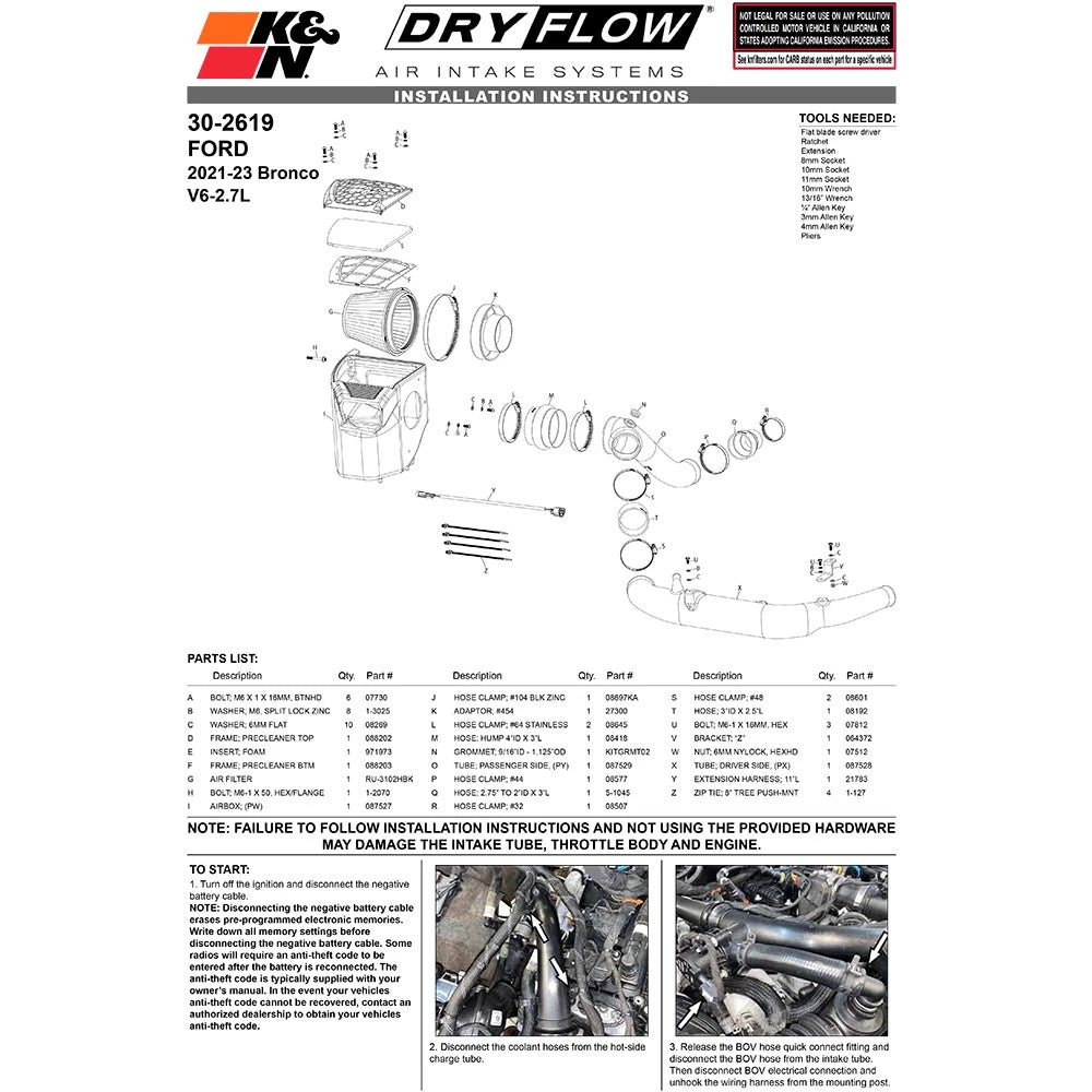 K&N 21-23 Ford Bronco 2.7L V6 F/I DRYFLOW Performance Air Intake System