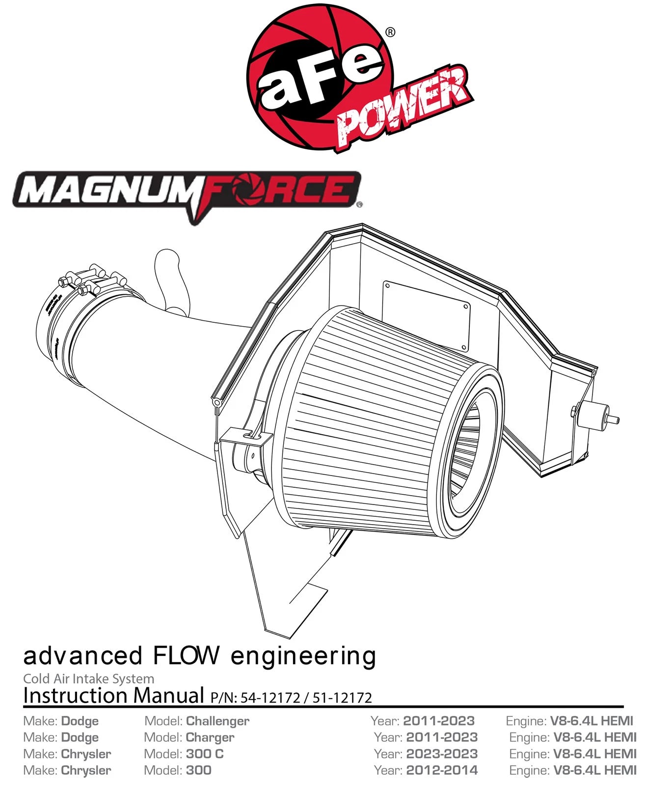 aFe MagnumFORCE Intake Stage-2 Pro 5R 11-12 Dodge Challenger/Charger / 11-12 Chrysler 300 V8 6.4L